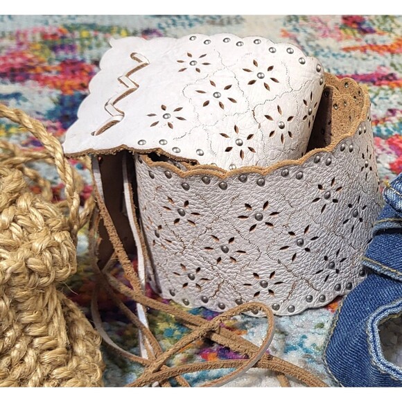 Trio of Boho Tie Back Belts White Cutout Studded Leather, Macrame and Denim main image 7